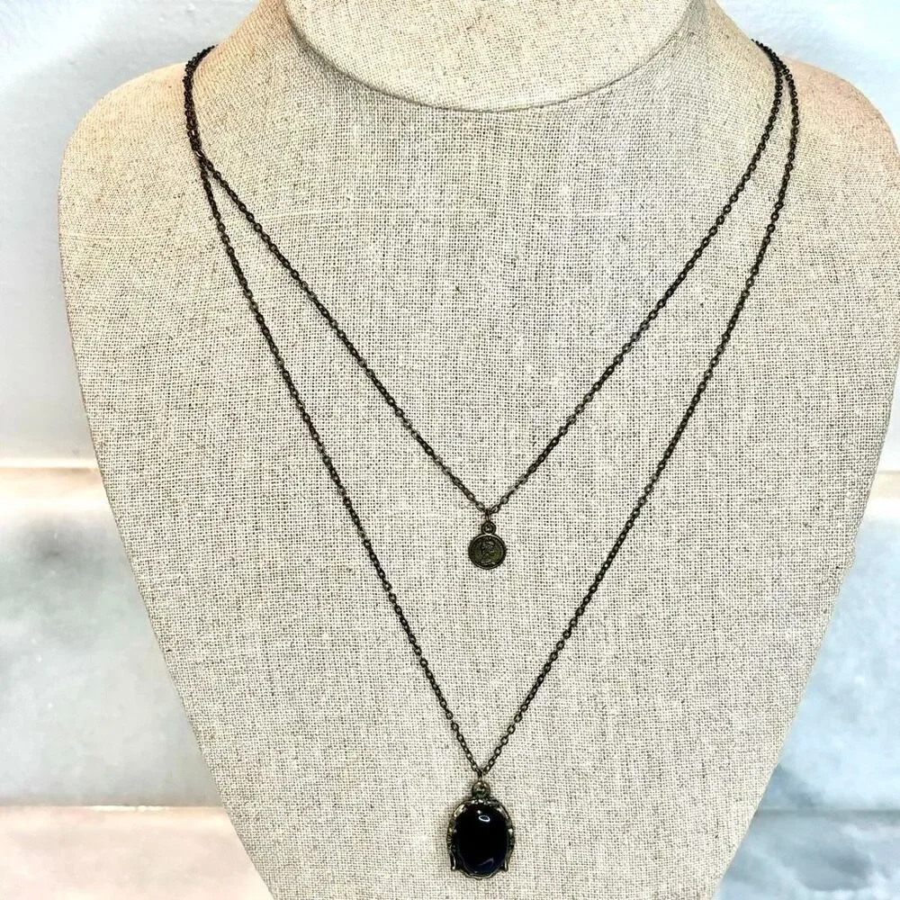 LA Double Strand Layered Stone & Metal Pendant Signed Necklace Bronze 28